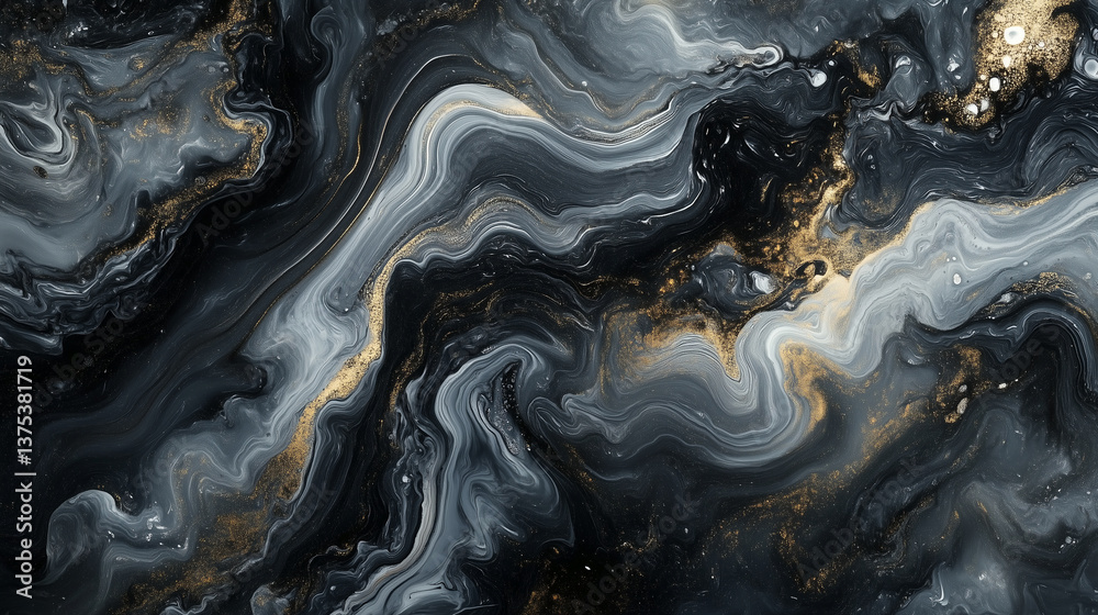 Wall mural swirling black and gold abstract design showcases unique patterns resembling fluid art generative ai