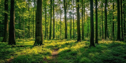 Fototapeta premium A vibrant green forest with towering trees, showcasing the richness of biodiversity.