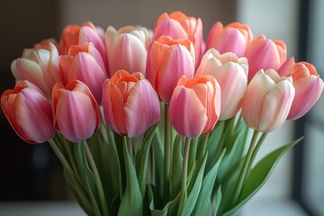 Tulip Bouquet in Soft Pastel Colors on White Background Fresh Spring Flowers