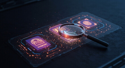 Unveiling digital identities: a passport and fingerprint under scrutiny, glowing with futuristic technology and dark hues.