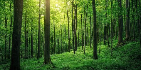 A vibrant green forest with towering trees, showcasing the richness of biodiversity.