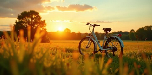 Naklejka premium Sunrise illuminates vintage bicycle in summer meadow , old, sunlight