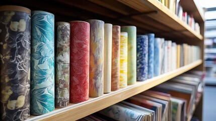 Colorful rolls of wallpaper on wooden shelf in modern store display