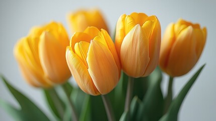 Yellow Tulips in Botanical Illustration Soft Lighting Minimalistic White Background Close-Up