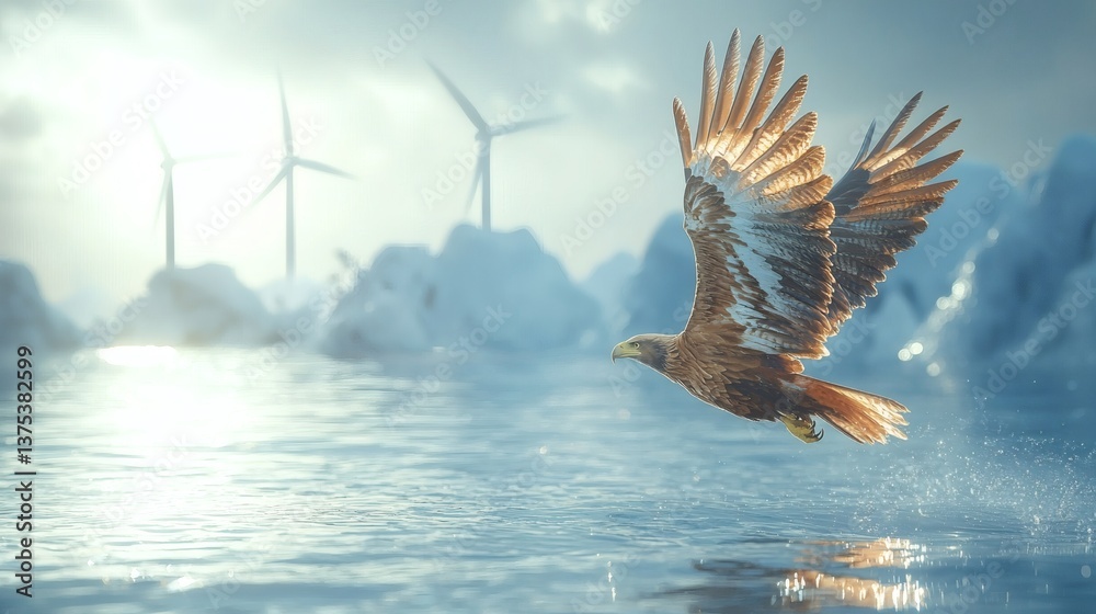 Poster an eagle soaring with wings morphing into wind turbines abstract fusion of wildlife and renewable en