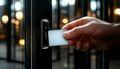 Close up of a keycard being used to unlock a modern glass door representing secure entry and high tech building access security innovation concept. Smart card unlocks modern entry secure