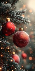 Close-up of a snow-covered Christmas tree branch with red ornaments glowing in festive lights and a dreamy winter background