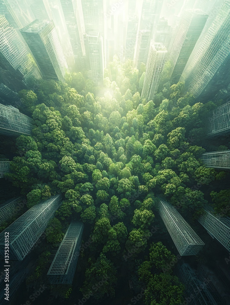 Poster an aerial view of an urban skyline where rooftops seamlessly transform into flourishing green parks 