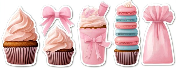 A sweet pastel sticker set featuring cupcakes macaron towers and frosting bags on a clean white background. Cute bakery treats stickers delightful dessert images pretty candy decor sweet