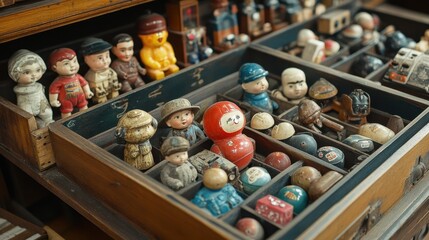 Vintage toy collection in wooden drawer displaying figurines and dolls