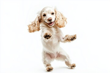 Young English Cocker Spaniel full of energy. Adorable white and brown puppy playing joyfully, showing happiness against a white background. Movement and action concept