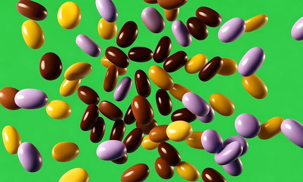 Colorful oblong candies in mid-air against green backdrop