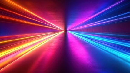 Colorful abstract neon light tunnel with vibrant blue and orange streaks