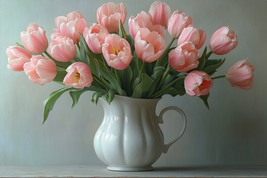 Pink Tulips Bouquet in White Pitcher Fresh Spring Flowers on White Background