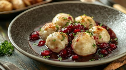 Delicious cranberry sauce with dumplings on a rustic plate