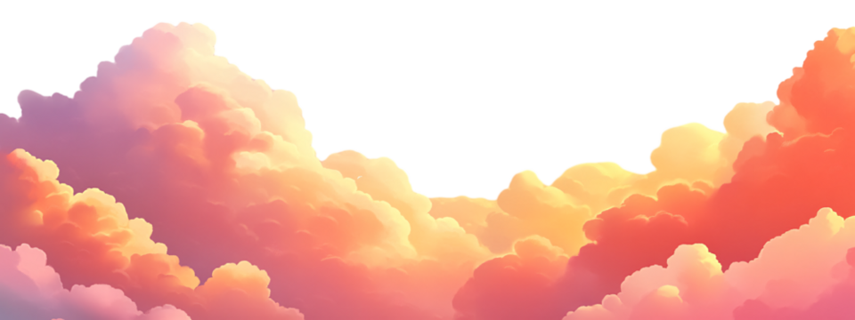 Beautiful sky with pink and orange clouds, sunset, transparent background