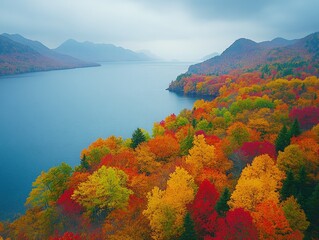 Aerial view of vibrant autumn foliage surrounding a calm lake nestled in mountains.