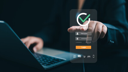 E-Banking, Smart fintech service, Payment online, Finance innovation technology online, Business Women use computer connecting online Banking applications, Cyber security financial and investment.