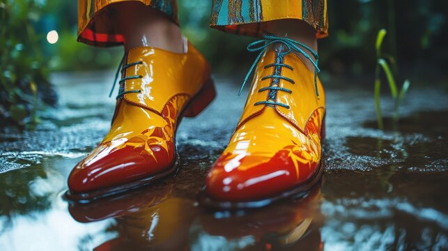 Vibrant yellow and red shoes splashing in water puddle
