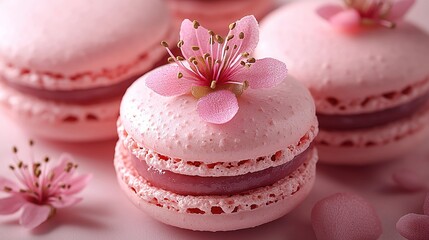 A charming pink macaron with a tiny flower on top, placed in the middle of a pastel - colored background. The cute and well - composed image highlights the delightful details of the macaron.