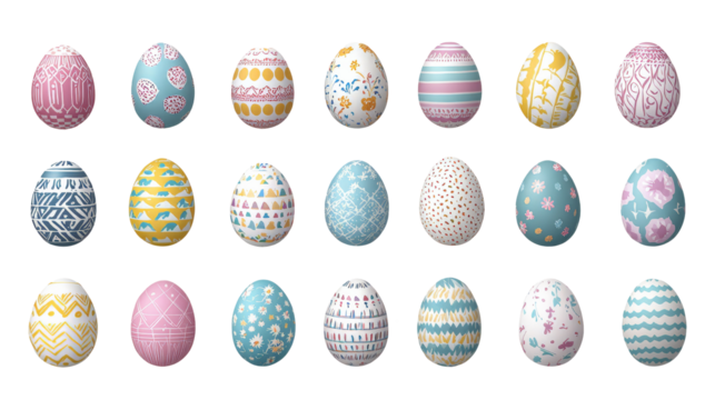 Assortment of 30 Easter eggs with diverse patterns and colors arranged in rows - Powered by Adobe