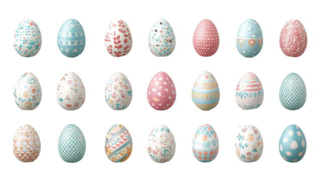 A collection of 30 elaborately decorated Easter eggs with diverse patterns and colors - Powered by Adobe