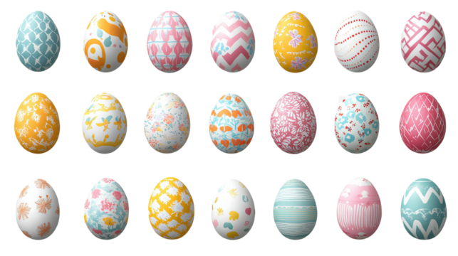 Colorful Easter eggs with various patterns arranged in rows