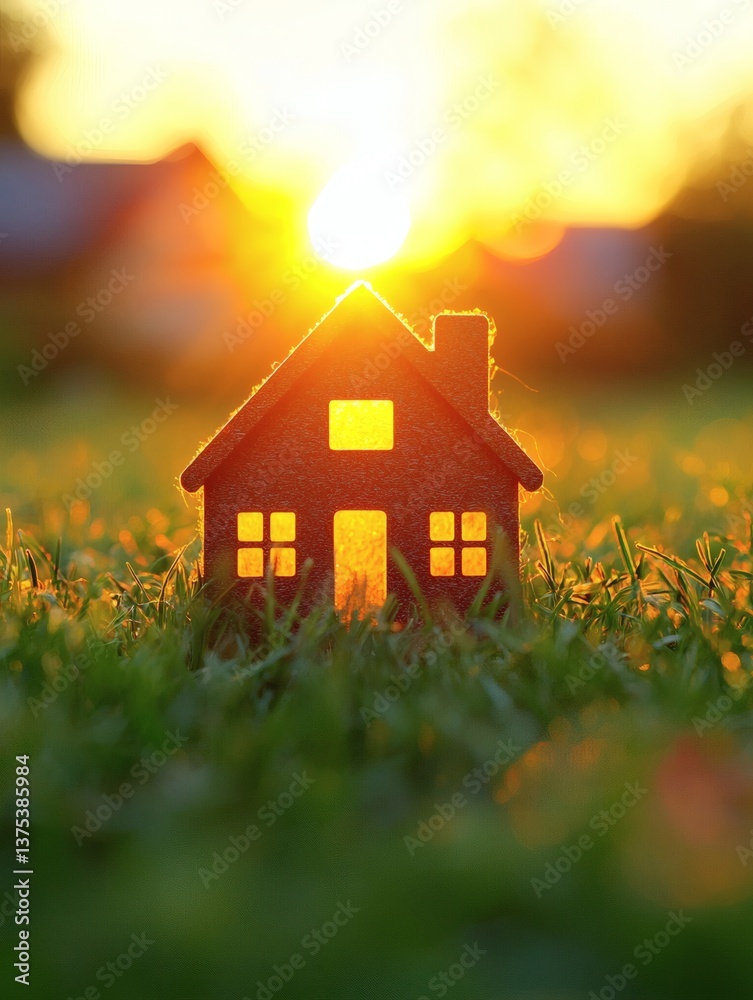 Poster A house completely off the grid glowing softly from renewable energy sources independence from fossil fuels concept Stock Photo with side copy space