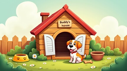 Naklejka premium Cartoon dog house with cute puppy, bowls, and bone on green grass in garden