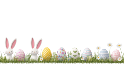 Colorful Easter eggs and rabbits in a pastoral spring scene