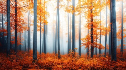 Fototapeta premium Autumn mist envelops serene woodland in vibrant colors nature photography tranquil environment
