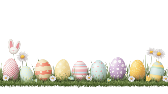 Colorful Easter eggs border on green grass