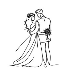 silhouette of bride and groom one line drawing illustration , transparent background PNG image