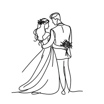 silhouette of bride and groom one line drawing illustration , transparent background PNG image