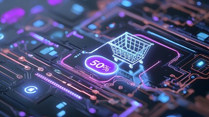 Futuristic digital shopping interface featuring a neon shopping cart icon and a 50 discount label against a backdrop of a vibrant high tech circuit board design with purple and blue illumination