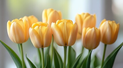 Yellow Tulips Close Up Botanical Illustration Soft Studio Light Isolated on White Background Spring Bouquet