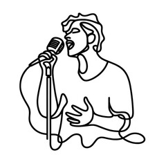 Rock star singer holding microphone and singing  one line drawing illustration , transparent background PNG image