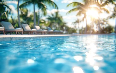 Fototapeta premium Swimming Pool with Clear Blue Water and Palm Trees in Background