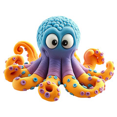 Angled view of a clay octopus animal made by a child isolated on a white transparent background