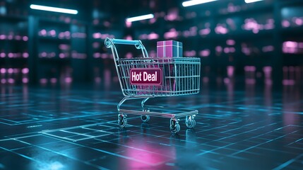 A digitally rendered shopping cart with a glowing Hot Deal sign and a gift box set against a vibrant futuristic grid backdrop in shades of blue and purple