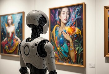 Fototapeta premium Robot explores colorful art exhibition showcasing unique paintings