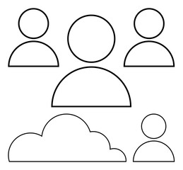 Simple outline of four human figures connected by a shared cloud. Ideal for collaboration, communication, cloud storage, team management, online networks, connectivity, flat simple metaphor