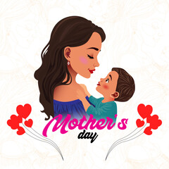 Mother's Day Celebration Artwork – Affectionate Mom Embracing Her Child with Decorative Hearts – Perfect for Cards, Wallpapers, Banners, and Digital Designs Honoring Mothers.