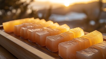Greenlandic Mattak Whale Skin Blubber sliced into bite sized piece arranged traditional wooden tray golden hour light casting warm glow over translucent layer Arctic landscape softly blurred