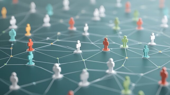 Multicolored 3D user icons connected in a web like digital network symbolizing modern technological and information exchange