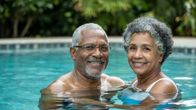 Joyful seniors enjoying a relaxed afternoon swim in a serene backyard pool surrounded by lush greenery