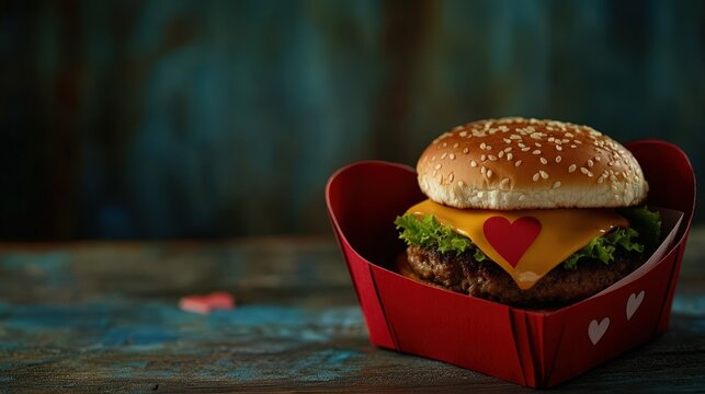 A delicious cheeseburger in a red heart shaped container