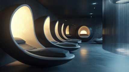Futuristic, dark relaxation pods, modern spa interior.