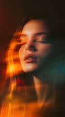 A blurred ethereal portrait of a woman s face layered with contemporary cinematic lighting effects creating a moody and visual