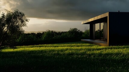 A modern minimalist building stands elegantly in a lush green field bathed in cinematic lighting that casts dramatic shadows and highlights the architectural details